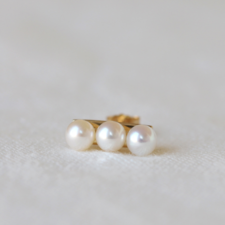 3 White Pearls Line 14K Gold Earrings