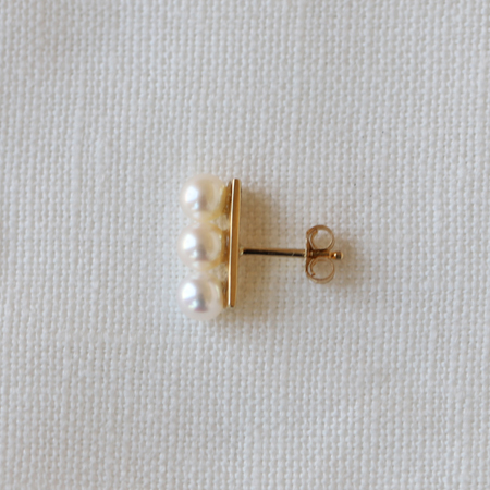 3 White Pearls Line 14K Gold Earrings