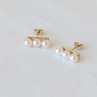 3 White Pearls Line 14K Gold Earrings