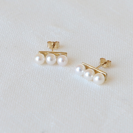 3 White Pearls Line 14K Gold Earrings